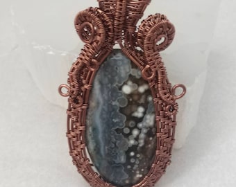 Seahorse Ocean Jasper Wire Wrapped Pendant in Antiqued Non-Tarnish Copper