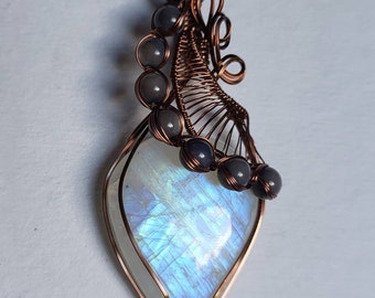 Rainbow Moonstone and Mother of Pearl Beads Statement Wire Wrapped Pendant