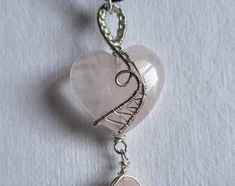 Rose Quartz Heart and Bead Wire Wrapped Pendant in Sterling Silver