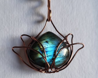 Labradorite Lotus in Antiqued Non-tarnish Copper Wire Wrapped Pendant