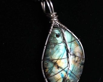 Irregular Labradorite Leaf Wire Wrapped Pendant in Sterling Silver