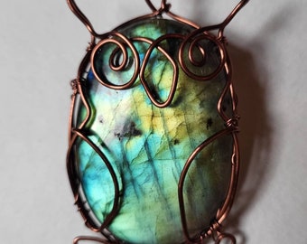 Labradorite Owl in Antiqued Non-tarnish Copper Wire Wrapped Pendant