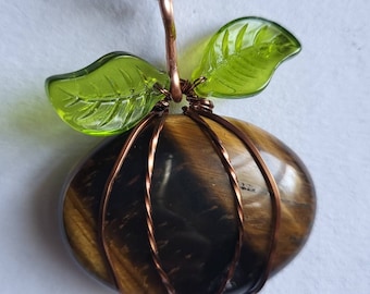 Tigers Eye Pumpkin in Antiqued Copper Wire Wrapped Pendant