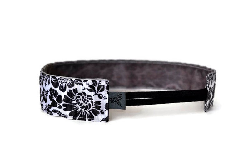 Wide Running Headband. Non-Slip Headband. Best Headband. Yoga Headband. Workout headband. Fitness Headband. Black and White Floral image 2