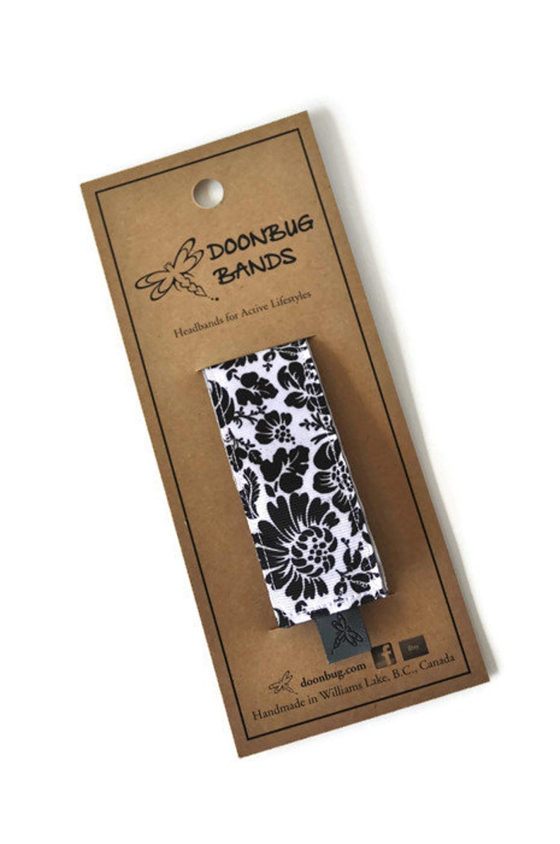 Wide Running Headband. Non-Slip Headband. Best Headband. Yoga Headband. Workout headband. Fitness Headband. Black and White Floral image 3