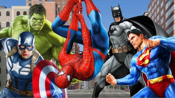 Superhero Backdrop Birthday party Photography kids spiderman superman batman party banner 5ft x 7ft Printed Il_570xn