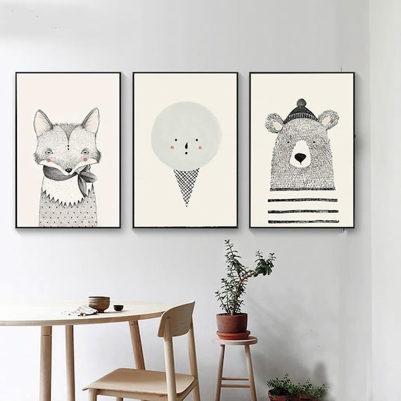 Animal Print Nordic Kids prints childrens wall art nursery decor kids wall art girls boys room bear fox prints Printed Il_570xn