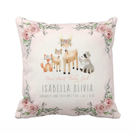 Baby nursery cushion custom personalized baby stats cushon cover cute forest animals custom name Il_570xn
