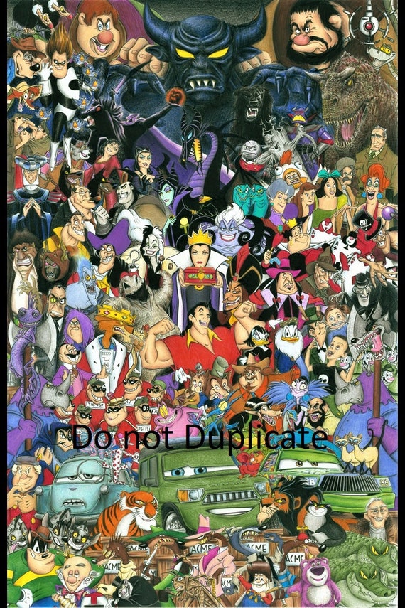 Ultimate Disney Villain Montage 11 x 17 colored pencil drawing print