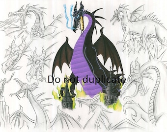 Sleeping Beauty Montage 3 - Malificent  Dragon 11 x 17 colored pencil print