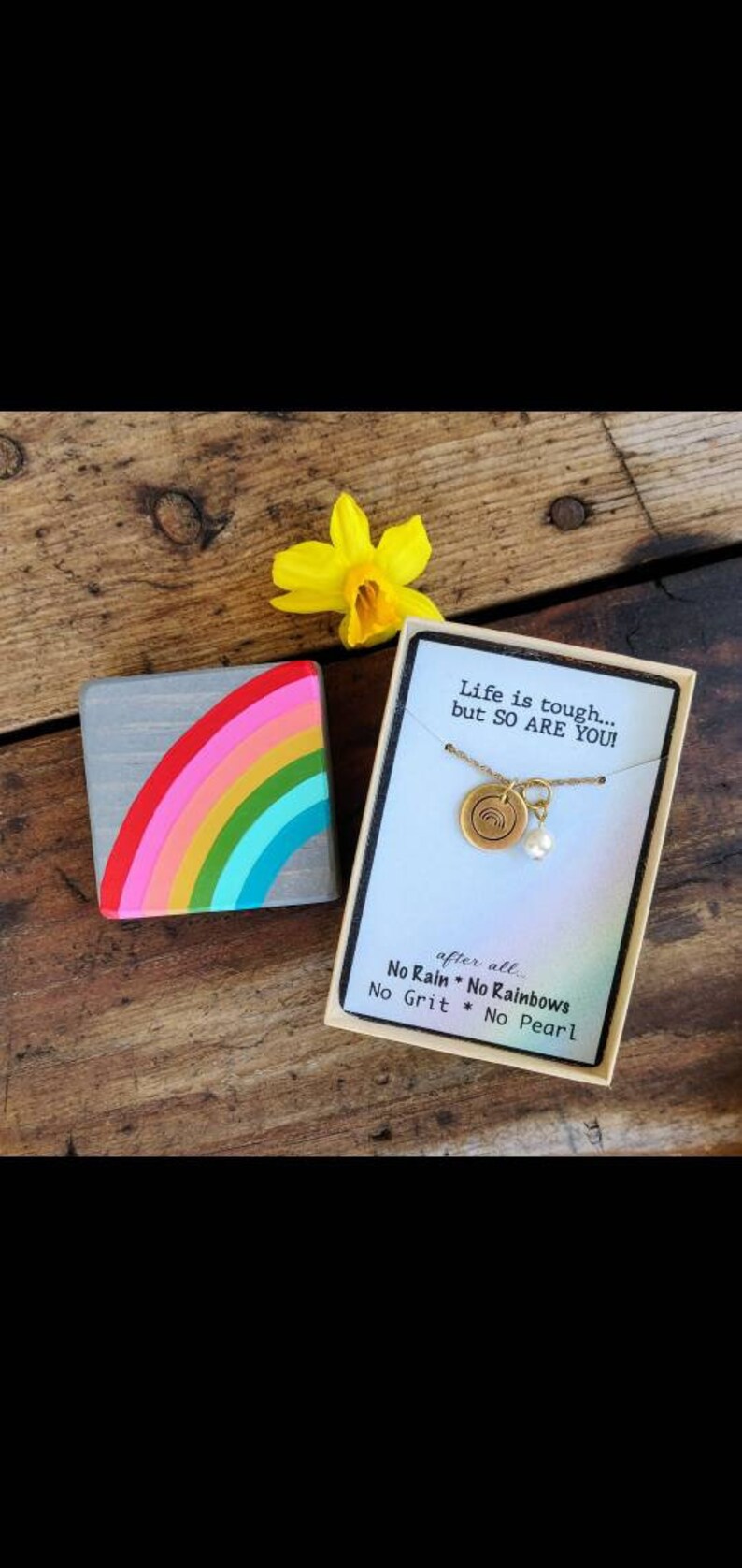 Rainbow & Pearl Necklace, No Rain No Rainbow, No Grit No Pearl, teacher gift, friend gift, encouragement gift, Life is tough but so are you image 1