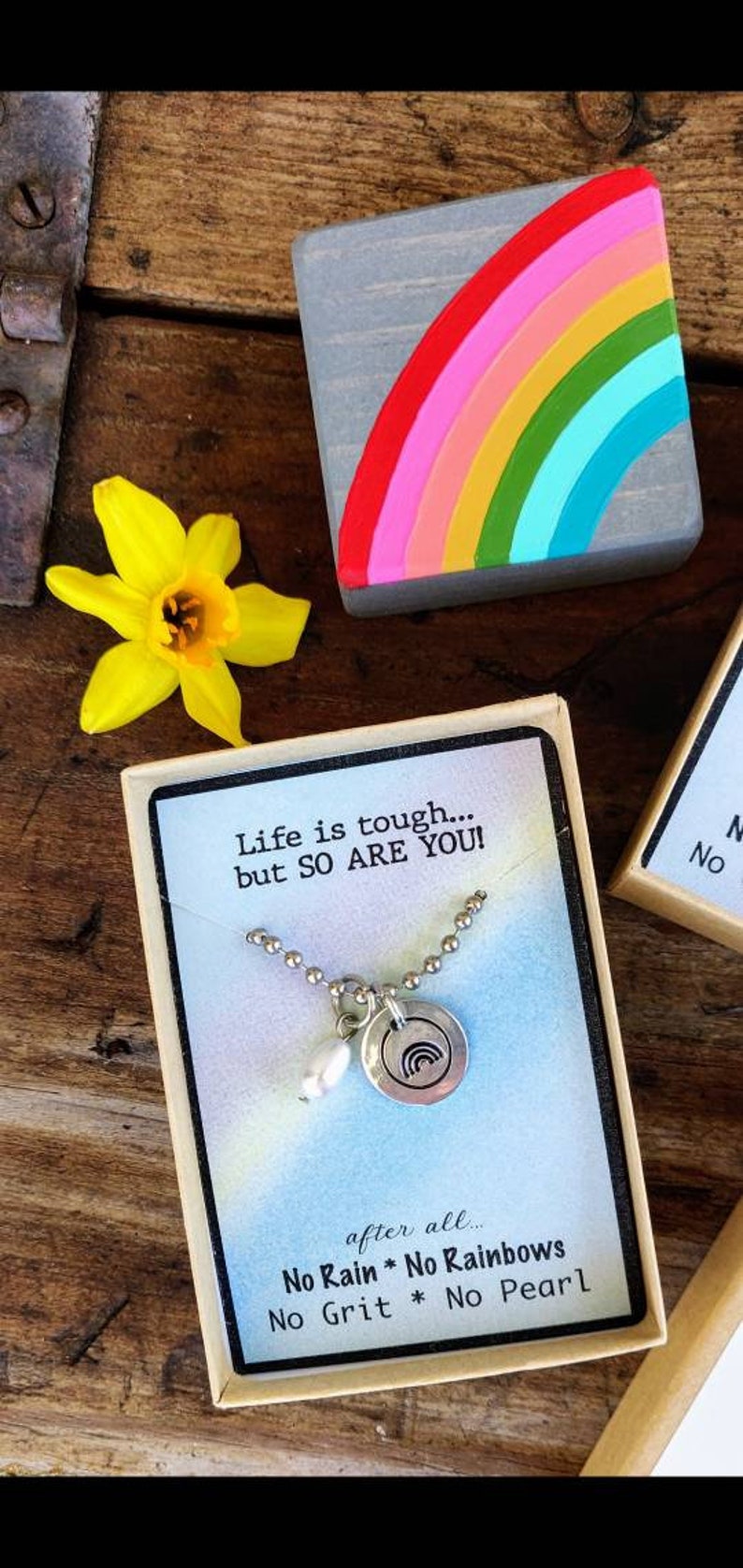 Rainbow & Pearl Necklace, No Rain No Rainbow, No Grit No Pearl, teacher gift, friend gift, encouragement gift, Life is tough but so are you image 2