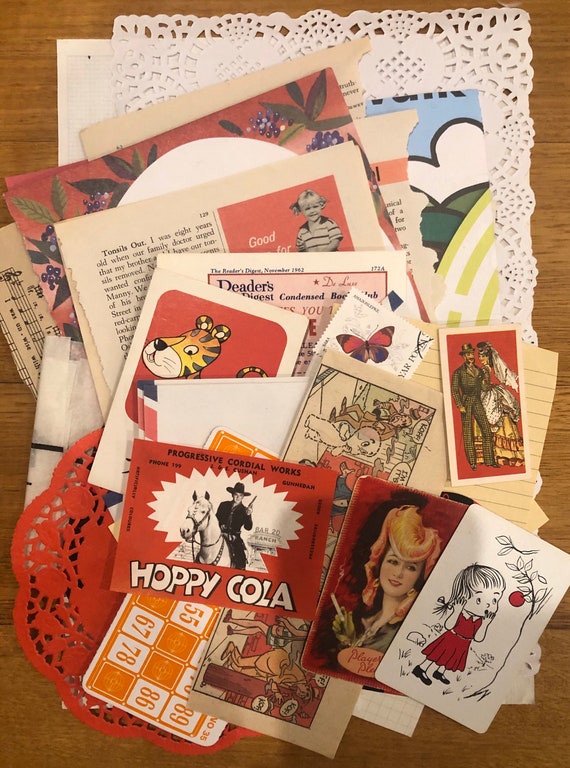 Red Paper ephemera, Set of vintage coloured themed paper ephemera, blue