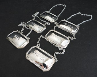 Silver Plated Decanter Tags | Vintage Liquor Name Labels | Drink Labels with Chain Tag Identifier | GreenTreeBoutique
