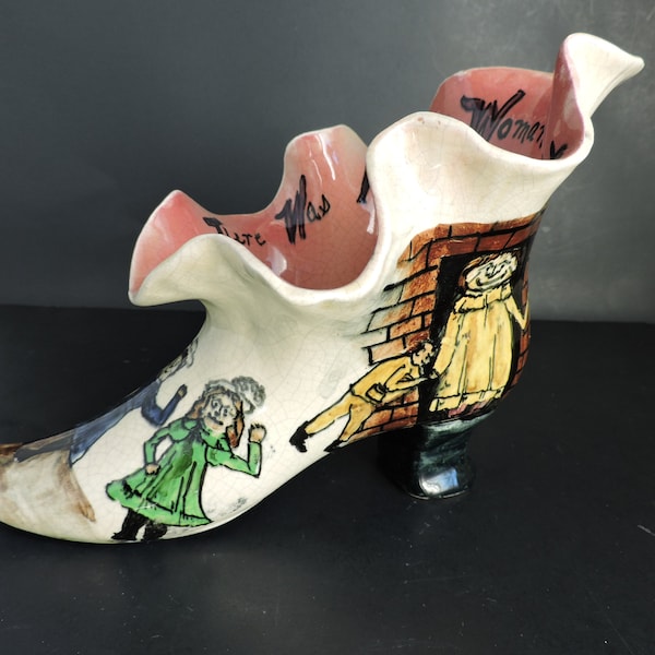 England Hand Painted Ceramic Shoe | Vintage Folk Art Collectible Boot Figurine | Old Woman Nursery Rhyme Story Decor | GreenTreeBoutique