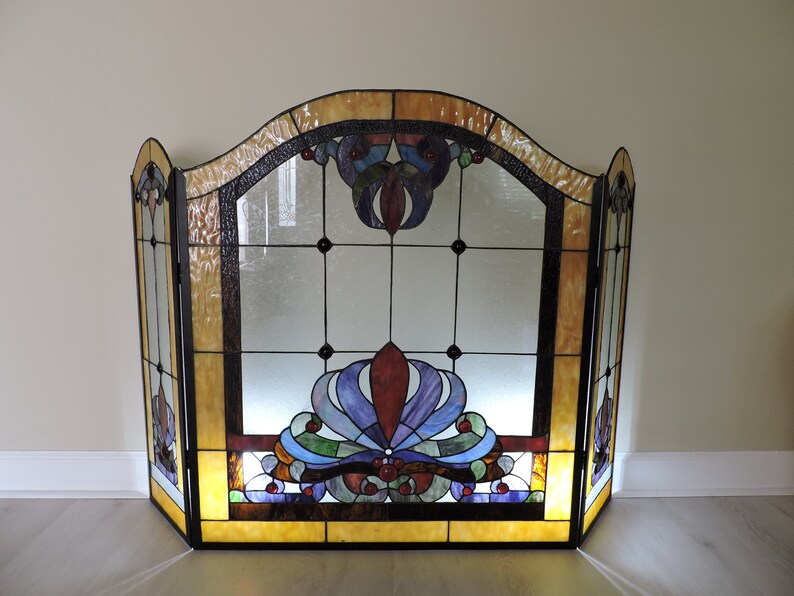 Stained Glass Fire Screen Fireplace Shield Trifold Etsy