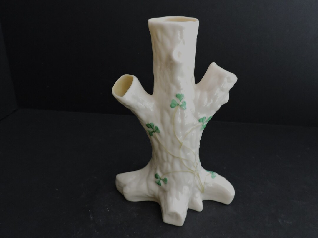 Belleek Tree Trunk Vase Figurine Vintage Ireland White Porcelain Green