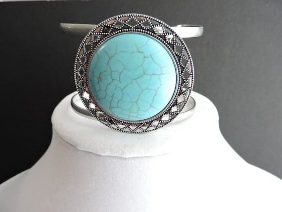 Silver Faux Turquoise Bracelet | Vintage Southwes… - image 1