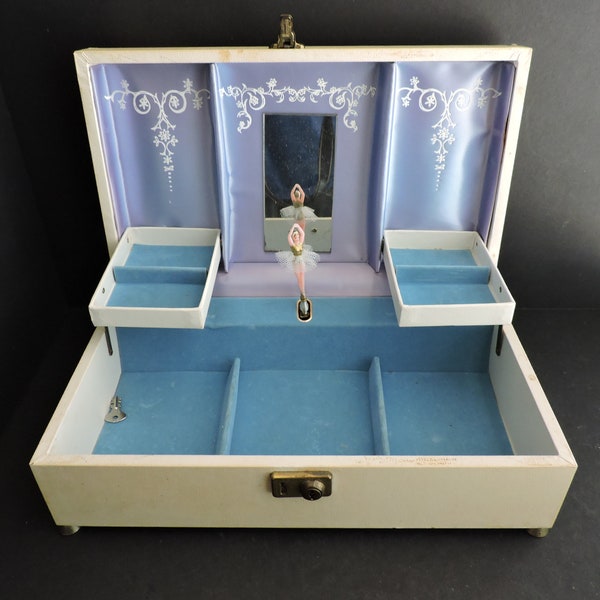 Mele White Jewelry Box with Ballerina Music | Vintage Mid Century Dresser Storage | Necklace & Earring Compartments | GreenTreeBoutique