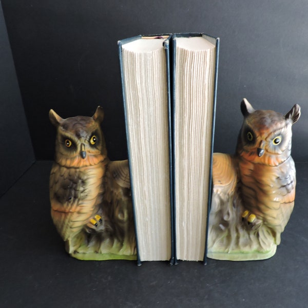 Ceramic Owl Bookends | Vintage Pair of Hand Painted Owls | 1960's Bookshelf Office Decor | Mid century Book Holders | GreenTreeBoutique