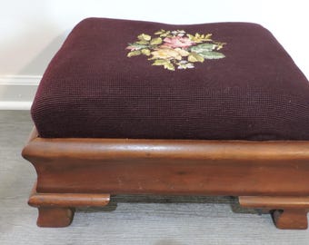 Vintage Needlepoint Foot Stool Upholstered Chair Accessory GreenTreeBoutique