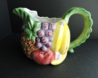 Fitz & Floyd Calypso Fruit Pitcher | Kitchen Ceramic Colorful Decor | Grapes Banana Apple Container Display | GreenTreeBoutique