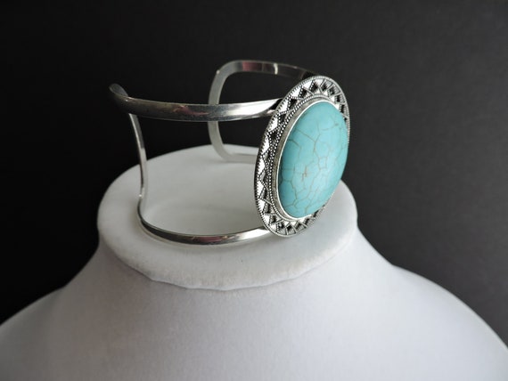 Silver Faux Turquoise Bracelet | Vintage Southwes… - image 3