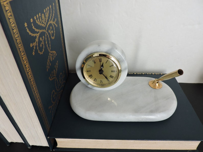 White Marble Desk Clock Pen Holder Vintage Accessory Office Study Decor Greentreeboutique