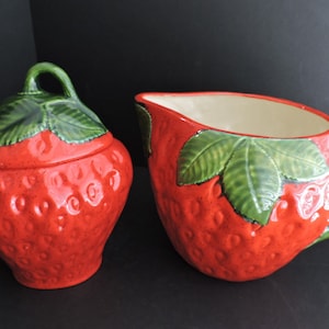 Strawberry Ceramic Pitcher and Canister Red Cookie Jar Container with Lid Berry Kitchen Snack Storage Jar GreenTreeBoutique