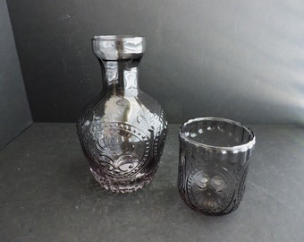 Gray Pressed Glass Bedside Pitcher & Cup | Vintage Water Carafe Server Tumbler for One | GreenTreeBoutique