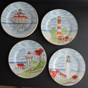 Lighthouse Salad Plates Set of 9 Royal Norfolk China Beach House Cottage Brunch Table GreenTreeBoutique