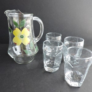 Juice Glasses and Pitcher Set Vintage Hand Painted Dogwood Flower Design 1950&#39;s Breakfast Glass GreenTreeBoutique