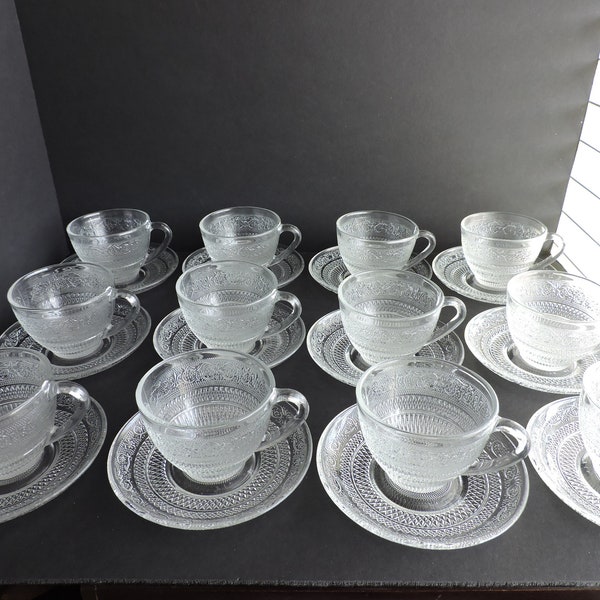 Glass Cups Saucers Set | Vintage American Provincial Clear Pattern | Fleur de Lis Luncheon Drinkware | GreenTreeBoutique