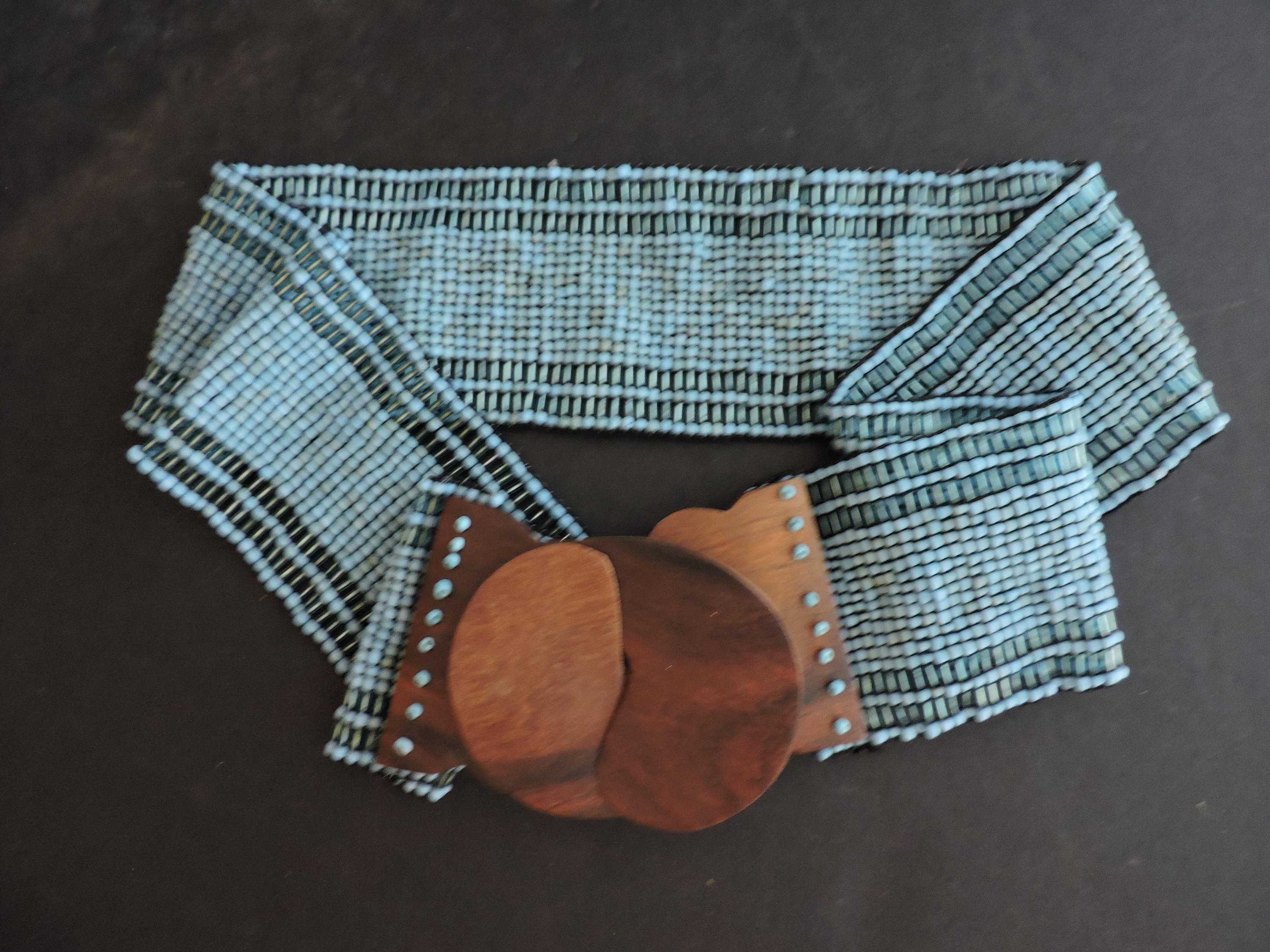 1960s Boho Style Turquoise Wooden Tube Beads Belt w/ Braided Cord Tie Closure WHIPPY Boho Turquoise Belt for Women Wax Rope Braided Waist  main image 2