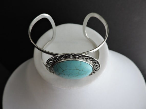 Silver Faux Turquoise Bracelet | Vintage Southwes… - image 2