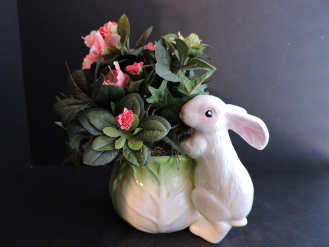Ceramic Cabbage & Rabbit Planter With Roses and Greenery Easter Decor ...