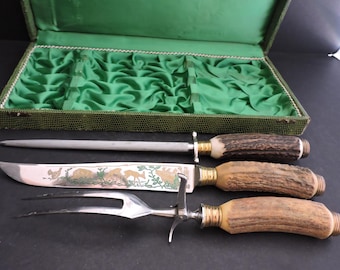 Juego de cuchillo para trinchar, tenedor para carne y afilador de acero alemán. Utensilios vintage con mango de asta de ciervo o cuerno de Solingen. Ideal para la mesa en ocasiones especiales. GreenTreeBoutique