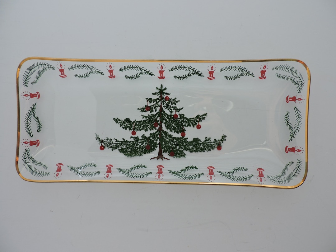 Glass Christmas Tree Platter Long Rectangle Holiday Dessert Serving