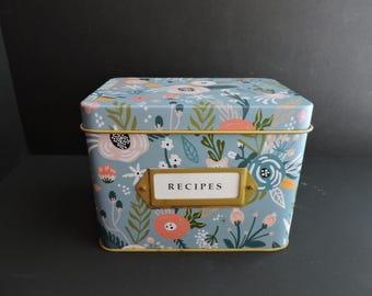 Blue Floral Recipe Tin Kitchen Metal Storage Container GreenTreeBoutique