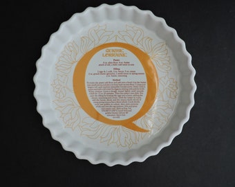 Plato para receta de quiche Lorraine, bandeja blanca con estampado floral para servir pasteles, decoración retro amarilla para la cocina, regalo de bienvenida para anfitrionas, GreenTreeBoutique