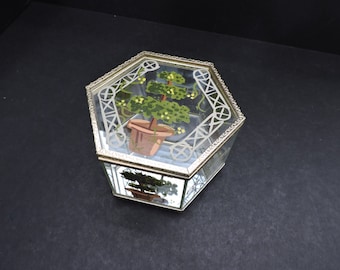 Glass Jewelry Box with Green Topiary Painted Design and Golden Edges Mirrored Necklace Vanity Storage Display Box GreenTreeBoutique