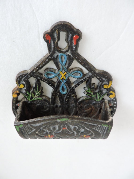 Vintage Cast Iron Match Holder Painted Black Metal Wall Etsy