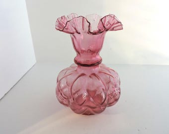フェントン　Fenton クランベリーオプティック　メロン　ボトル　(大) Vintage 1953 Fenton New World Rib Optic Cranberry Opalescent Glass