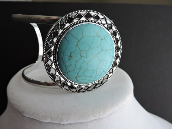 Silver Faux Turquoise Bracelet | Vintage Southwes… - image 5