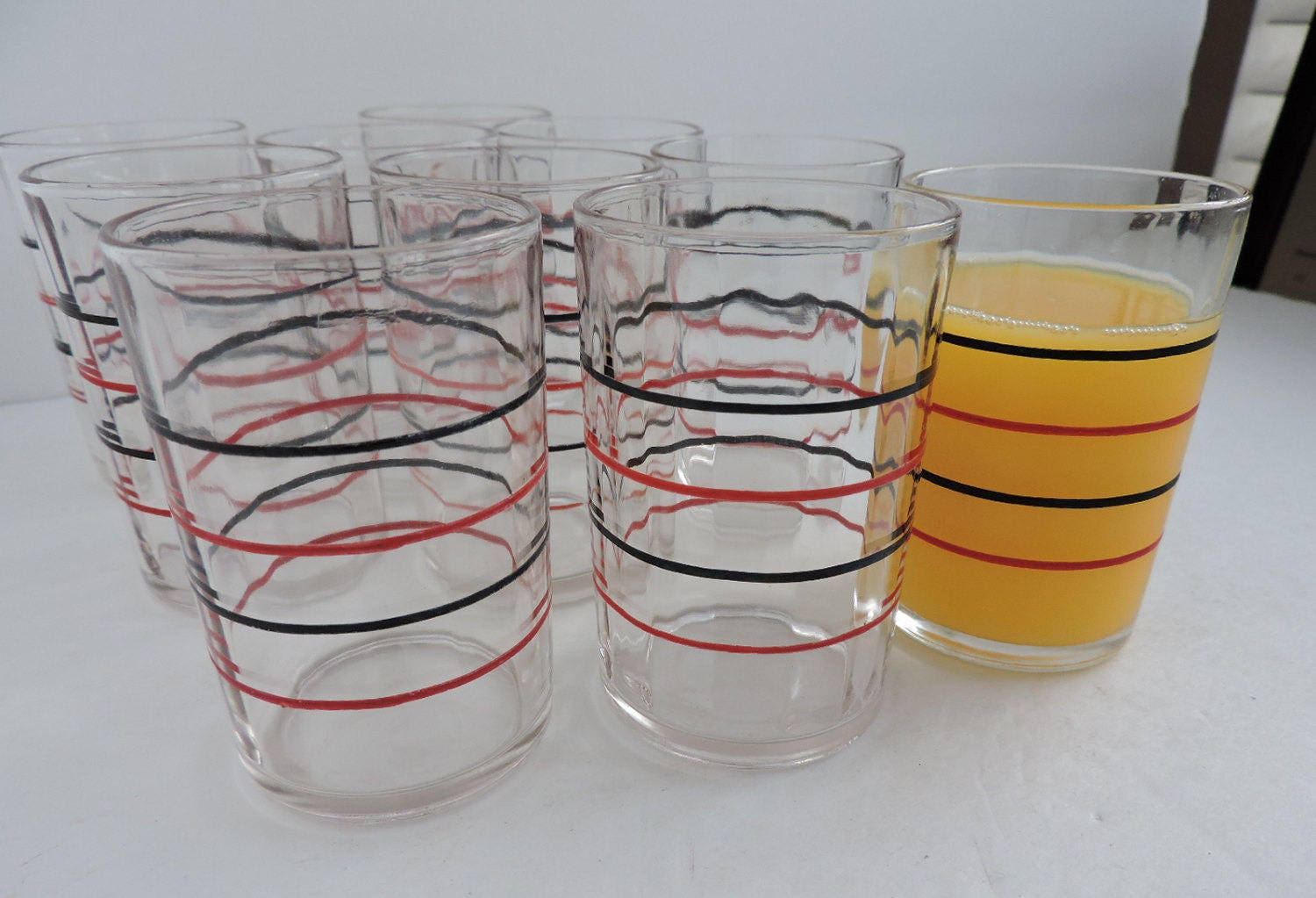 Vintage Red & Black Stripe Juice Glasses 1950's Kitchen Cups Set of 4 Retro Breakfast Glassware Swanky Swigs GreenTreeBoutique