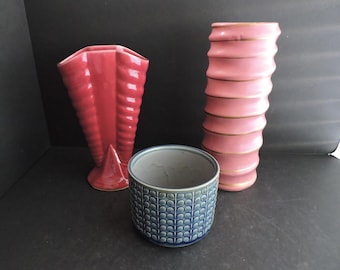Vintage Art Deco Red Pottery Vase Ribbed Spiral Flower Holder Container Blue Leaf Planter Pot GreenTreeBoutique