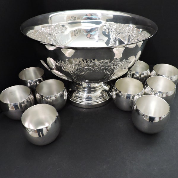 Silver Plate Punchbowl and Cups Set | Vintage Formal Dinner Drinkware | Wedding Reception | GreenTreeBoutique