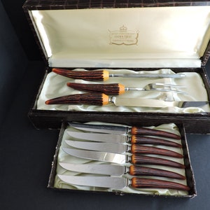 Sheffield England Faux Stag Horn Carving Set Vintage Crown Crest Stainless Steel Antler Steak Knives Antique Cutlery GreenTreeBoutique