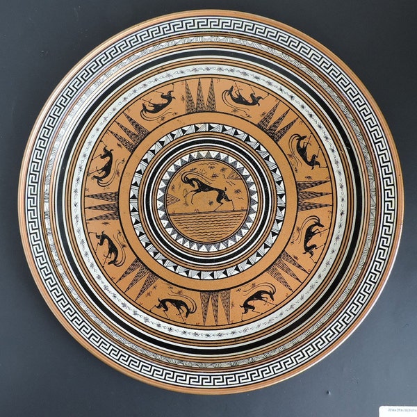 Grecian Vintage Copper Tone Tray | Egyptian Design Antique Tin Round Tray | GreenTreeBoutique