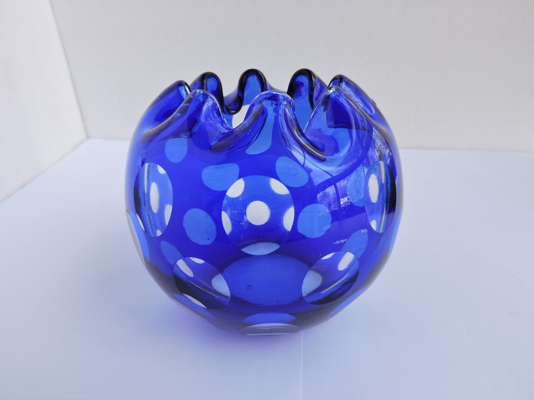 Cobalt Blue Glass Rose Bowl Coin Dot Ruffled Edge Round Bowl Glass